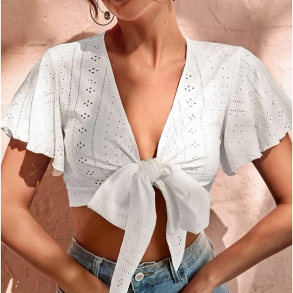 Boho Gypsy Eyelet Butterfly Sleeve Open Front Self Tie Crop Top - Picture 3 of 8